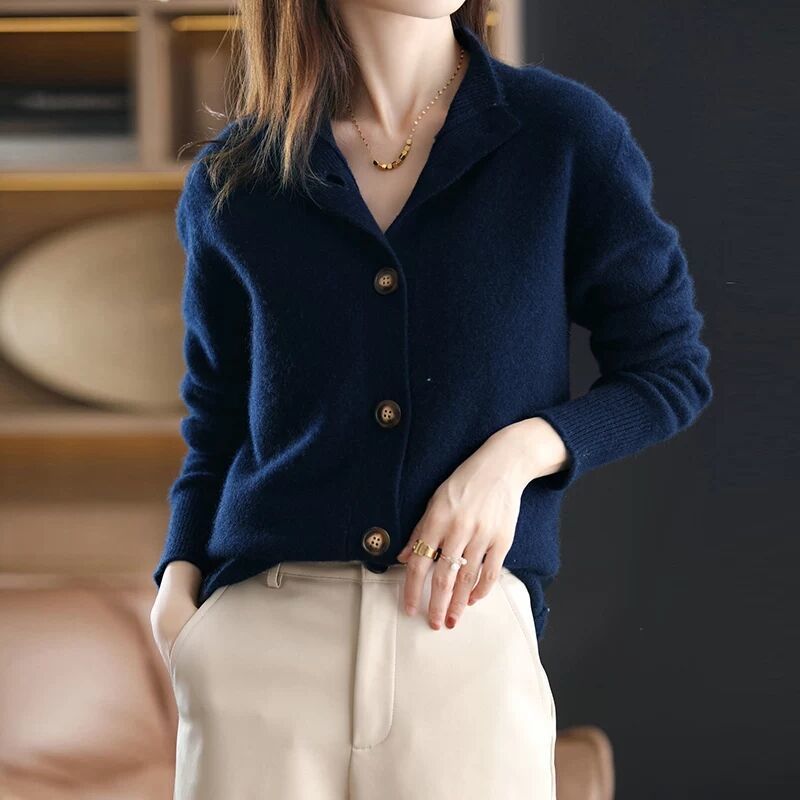 Retro autumn and winter new stand-up collar knitted cardigan loose short coat women's round neck outside Korean version long-sleeved all-match sweater