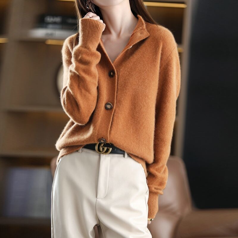 Retro autumn and winter new stand-up collar knitted cardigan loose short coat women's round neck outside Korean version long-sleeved all-match sweater